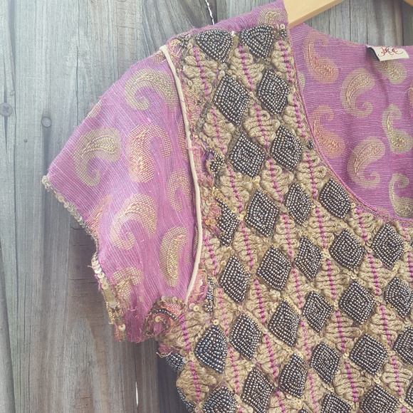 Traditional Cap Sleeve Beaded Kurta Pink & Gold - Picture 4 of 8